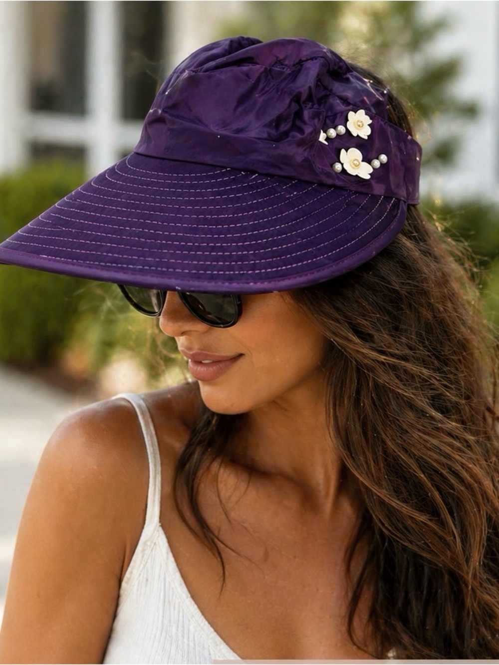 Women’s Purple Sun Visor Hat Floral Accent Wide Brim OS New